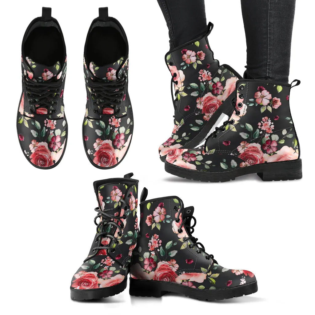 Roses and Tiny Flowers for All Women's Vegan Leather Combat Boots