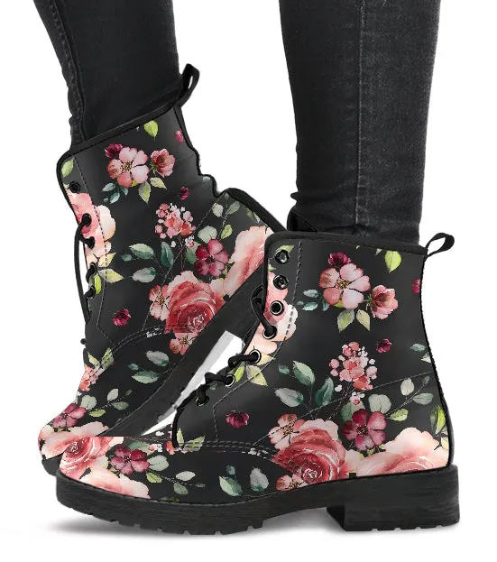 Roses and Tiny Flowers for All Women's Vegan Leather Combat Boots