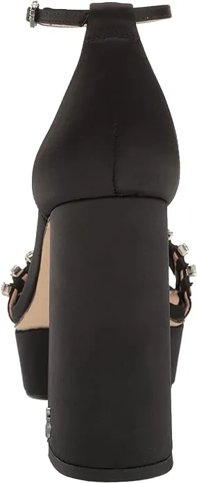 Sam Edelman Ninette Black Satin Embellished Ankle Strap Block Heeled Sandals
