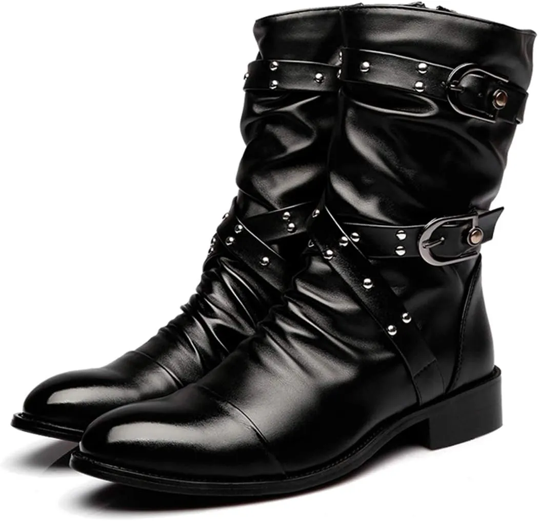 Santimon Men's Western Boots, Double Buckle, Rivet, Costume Shoes, Black