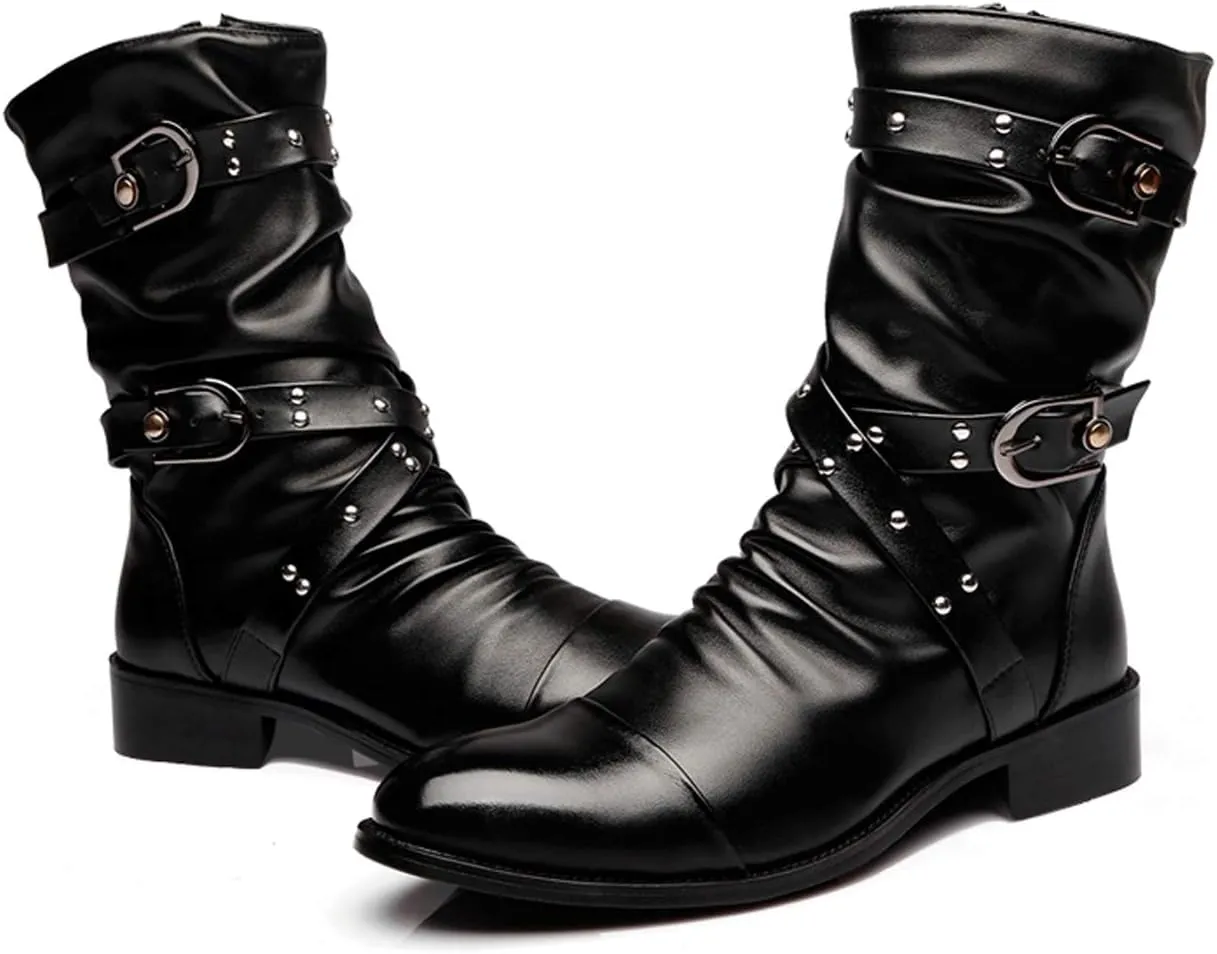 Santimon Men's Western Boots, Double Buckle, Rivet, Costume Shoes, Black