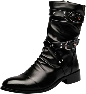 Santimon Men's Western Boots, Double Buckle, Rivet, Costume Shoes, Black