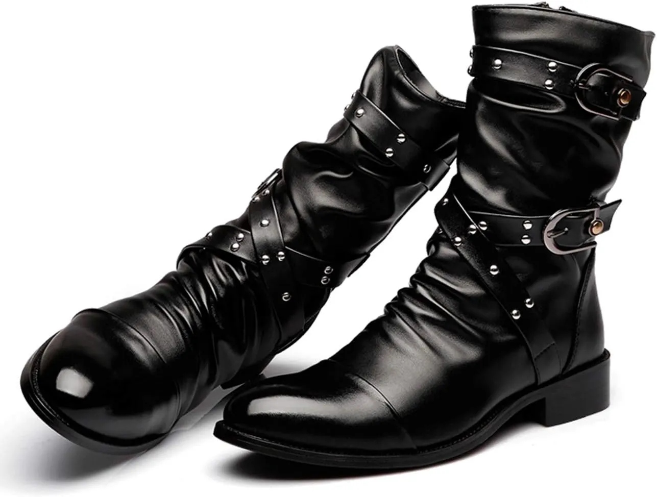 Santimon Men's Western Boots, Double Buckle, Rivet, Costume Shoes, Black