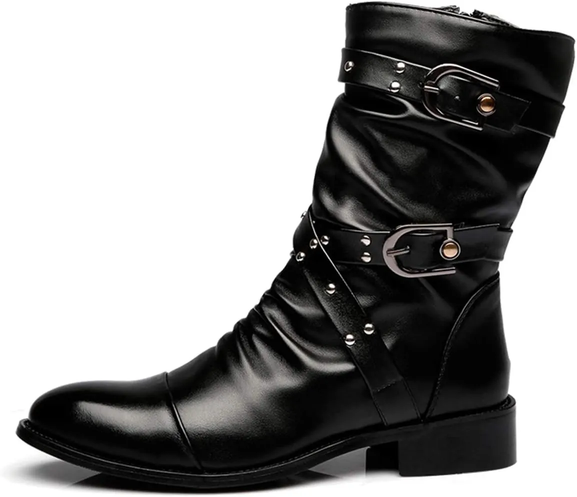 Santimon Men's Western Boots, Double Buckle, Rivet, Costume Shoes, Black