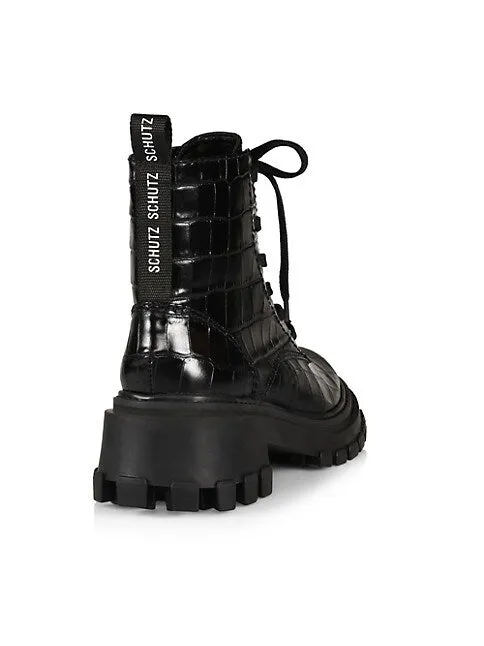 Schutz Black Croc Embossed Lace Up Round Toe Platform Combat Ankle Boots