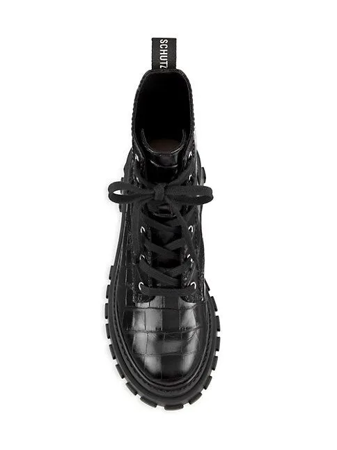 Schutz Black Croc Embossed Lace Up Round Toe Platform Combat Ankle Boots