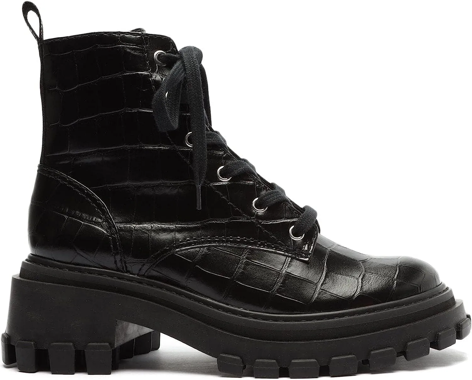 Schutz Black Croc Embossed Lace Up Round Toe Platform Combat Ankle Boots