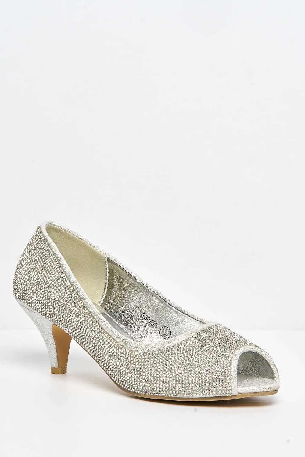 Sheema Diamante Embellished Peep Toe Low Heels in Silver