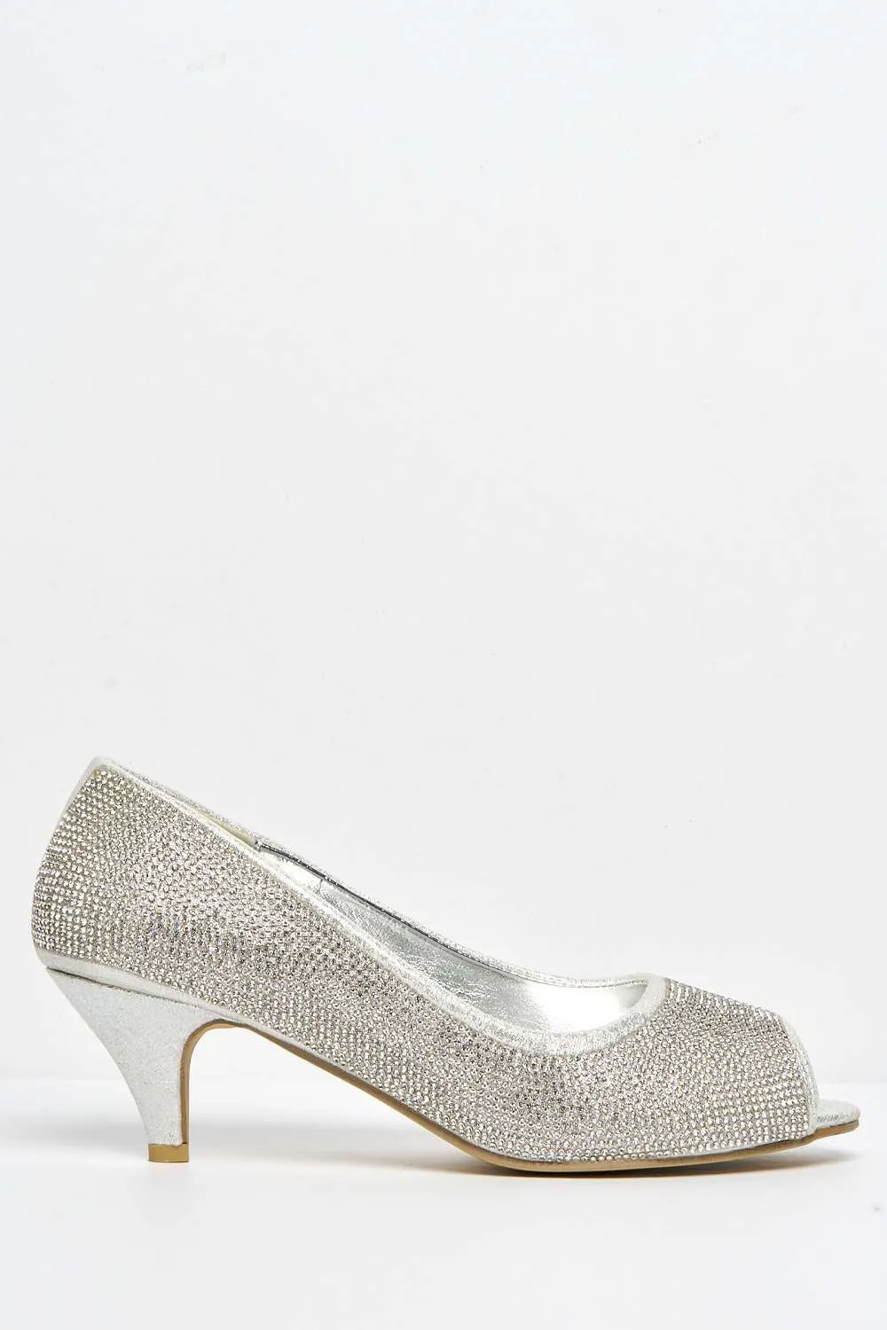 Sheema Diamante Embellished Peep Toe Low Heels in Silver
