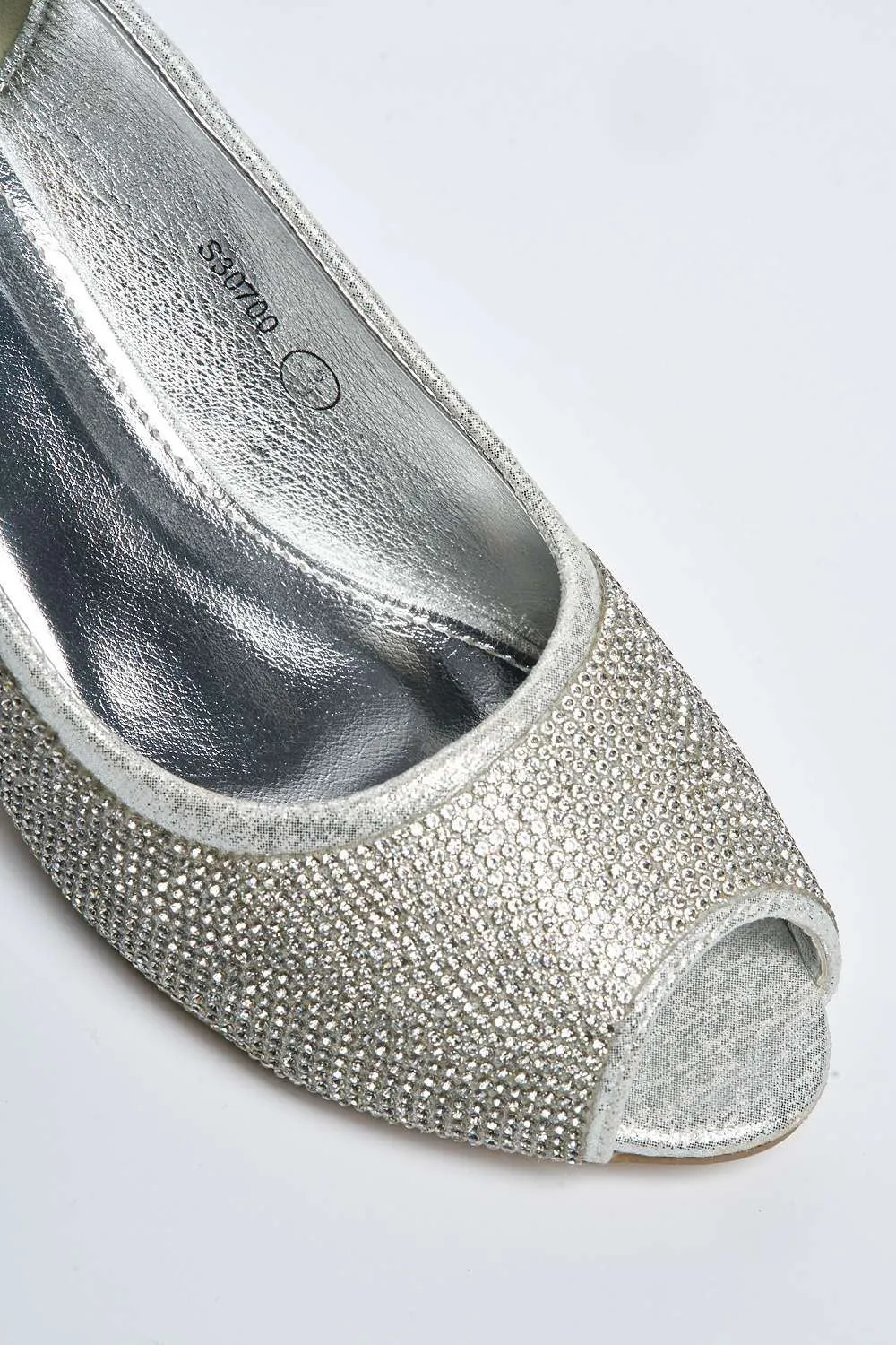 Sheema Diamante Embellished Peep Toe Low Heels in Silver