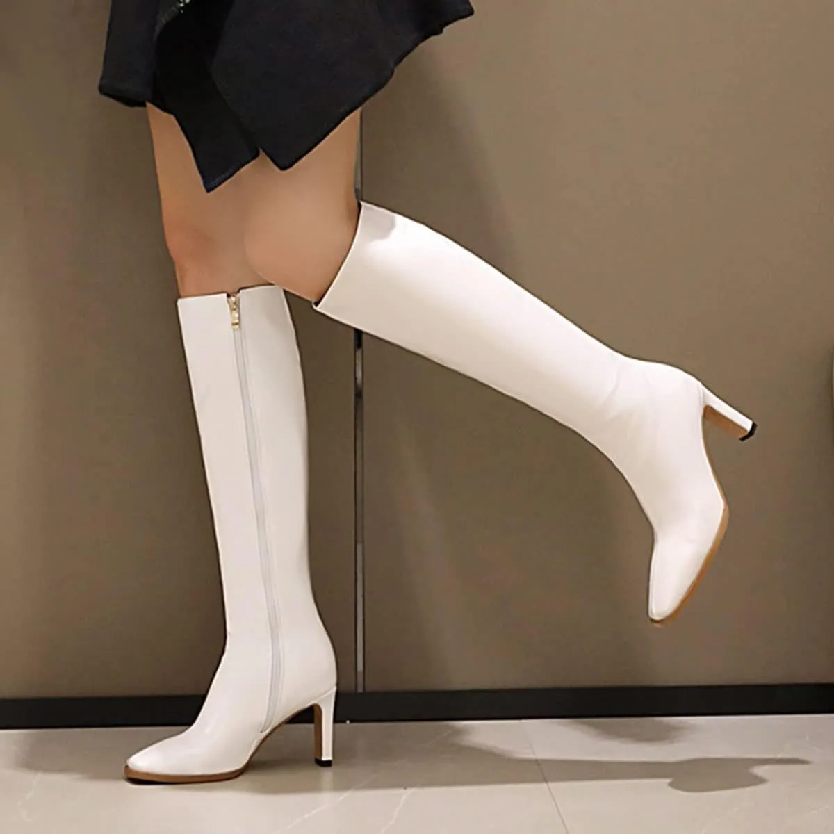 SHEMEE Women's Square Toe Chunky Heeled Knee High Boots Block Heels Tall Boot with Side Zipper