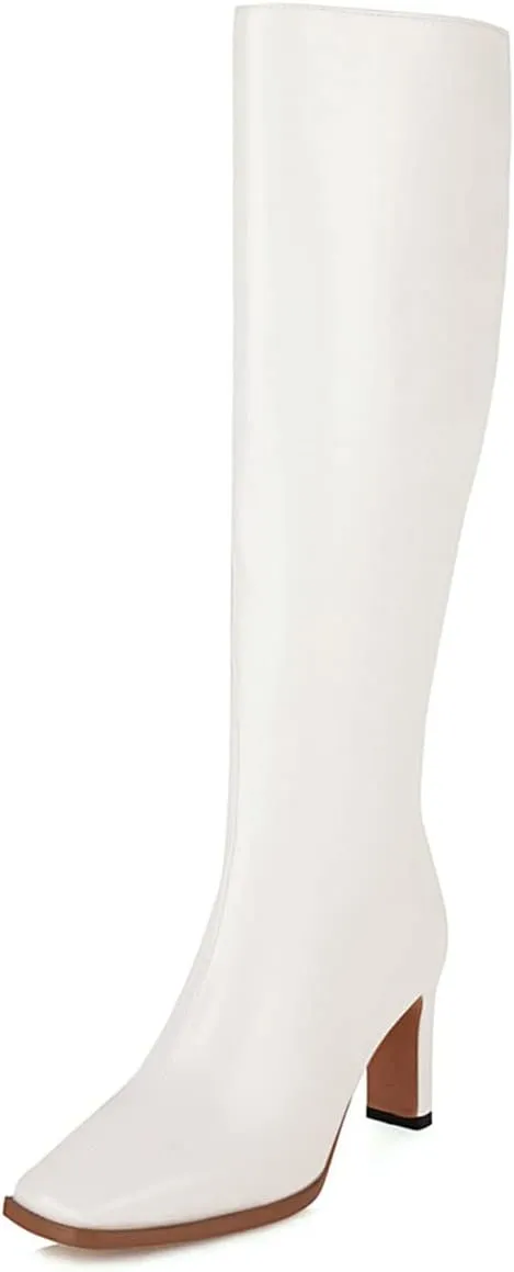 SHEMEE Women's Square Toe Chunky Heeled Knee High Boots Block Heels Tall Boot with Side Zipper