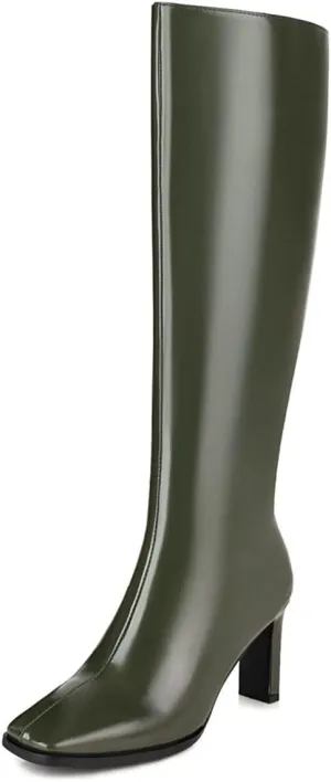 SHEMEE Women's Square Toe Chunky Heeled Knee High Boots Block Heels Tall Boot with Side Zipper