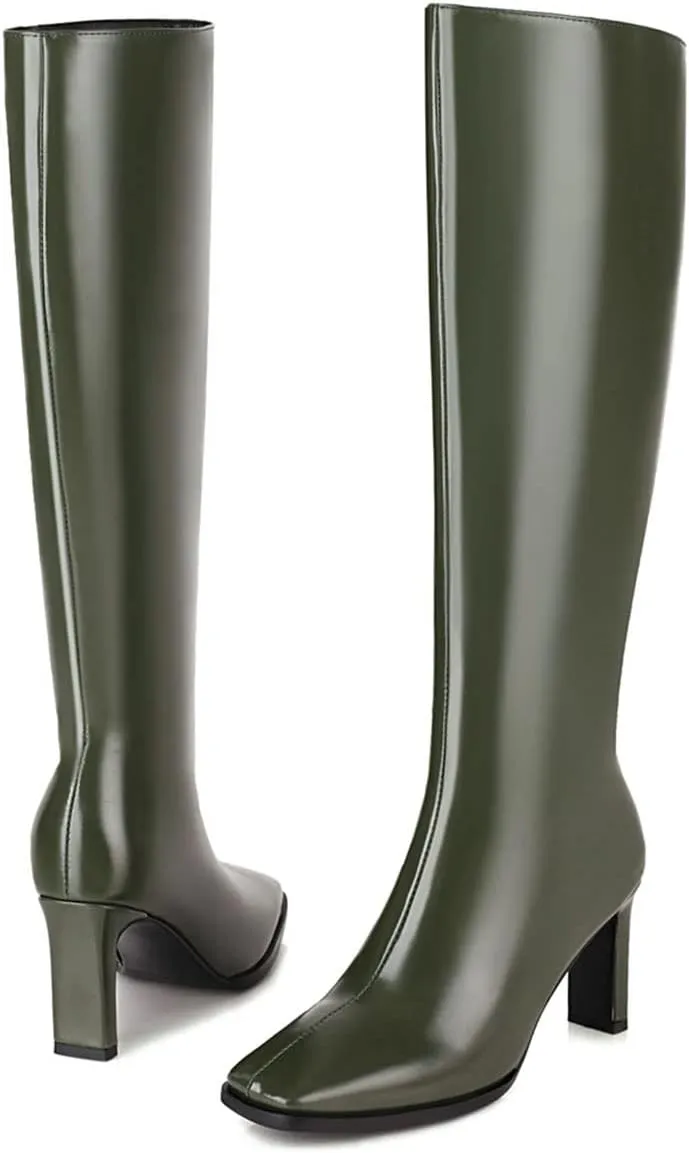 SHEMEE Women's Square Toe Chunky Heeled Knee High Boots Block Heels Tall Boot with Side Zipper