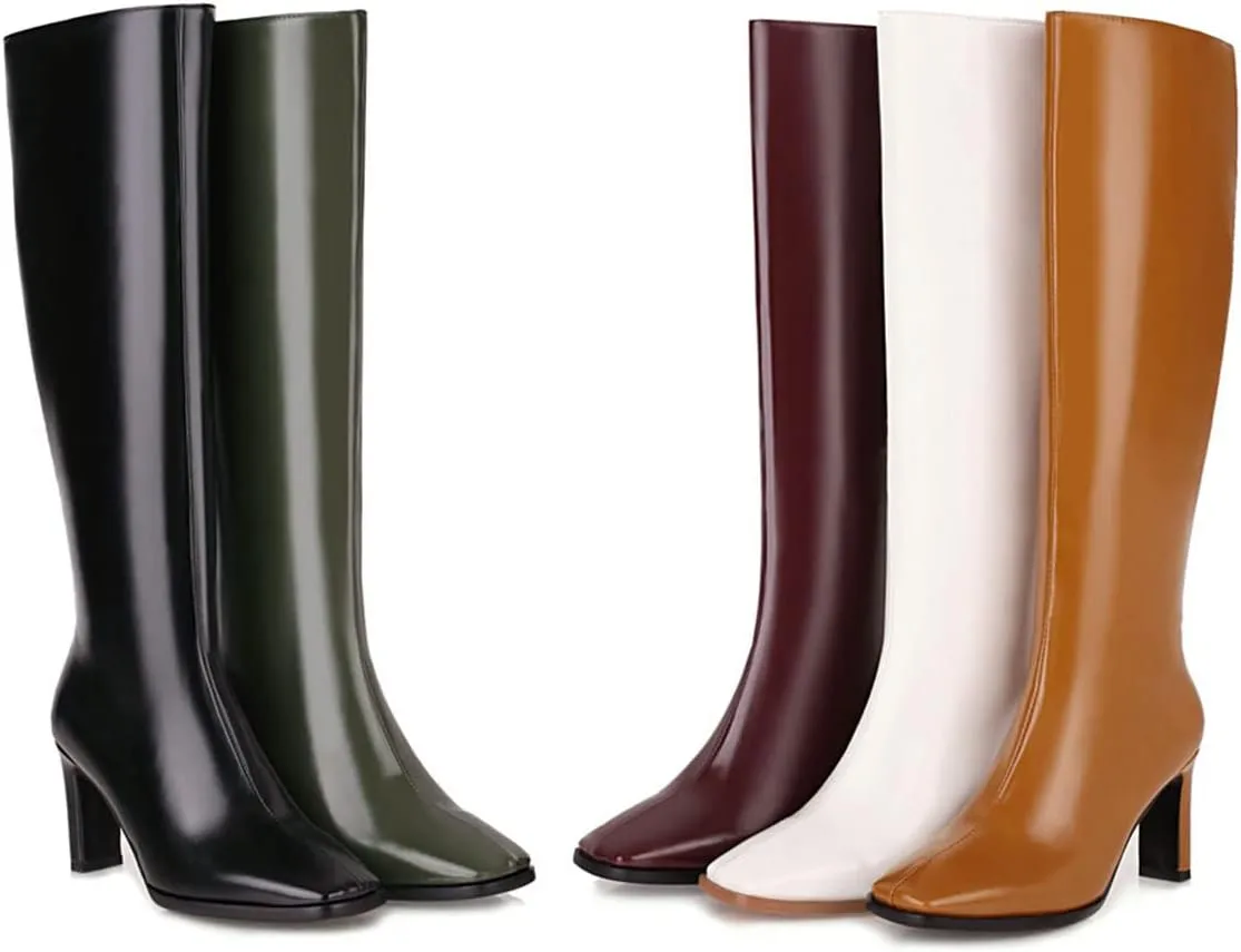 SHEMEE Women's Square Toe Chunky Heeled Knee High Boots Block Heels Tall Boot with Side Zipper