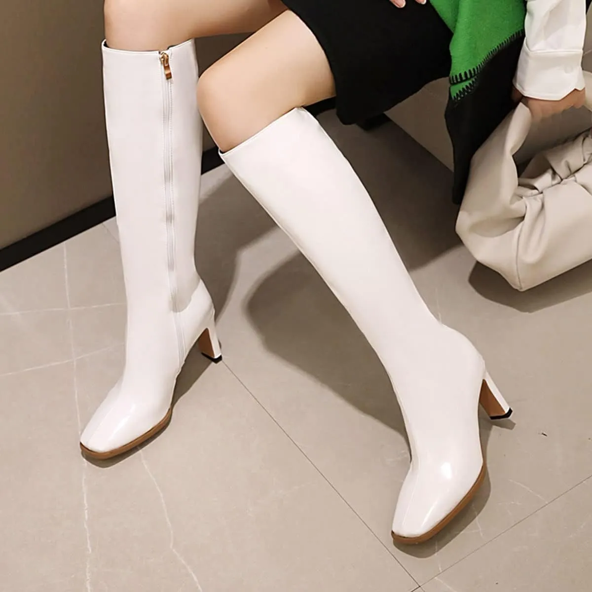 SHEMEE Women's Square Toe Chunky Heeled Knee High Boots Block Heels Tall Boot with Side Zipper