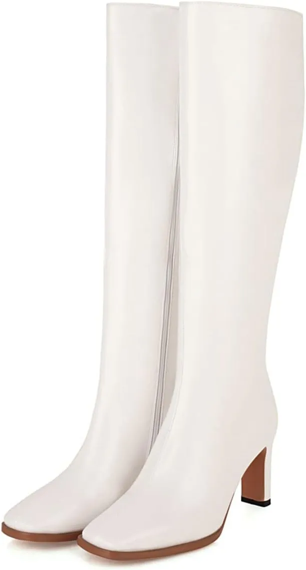 SHEMEE Women's Square Toe Chunky Heeled Knee High Boots Block Heels Tall Boot with Side Zipper
