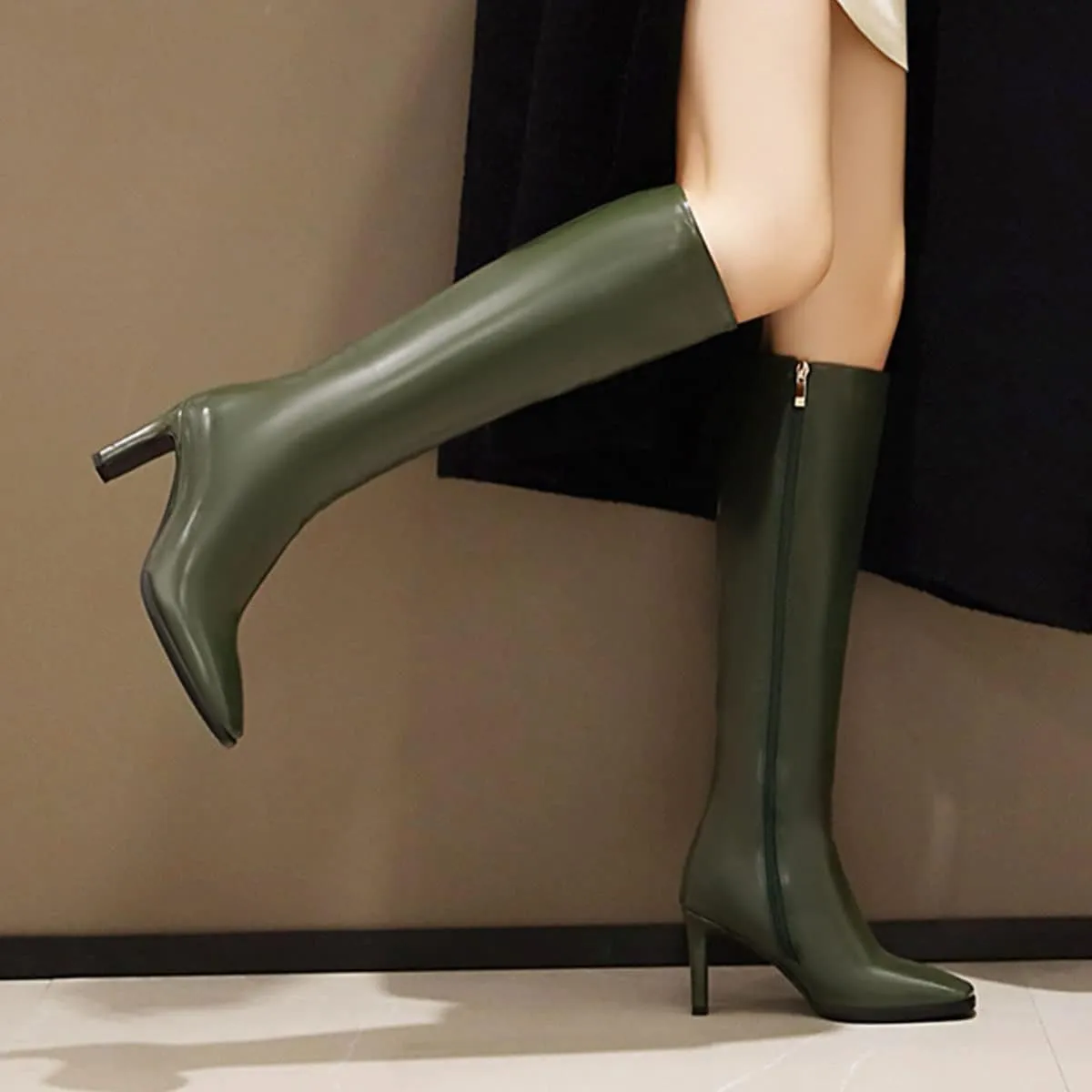 SHEMEE Women's Square Toe Chunky Heeled Knee High Boots Block Heels Tall Boot with Side Zipper