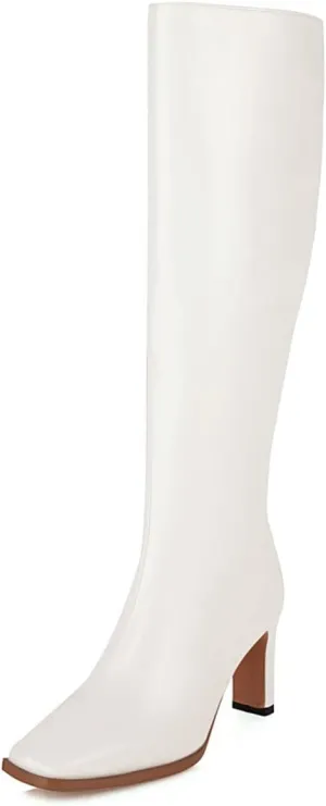 SHEMEE Women's Square Toe Chunky Heeled Knee High Boots Block Heels Tall Boot with Side Zipper