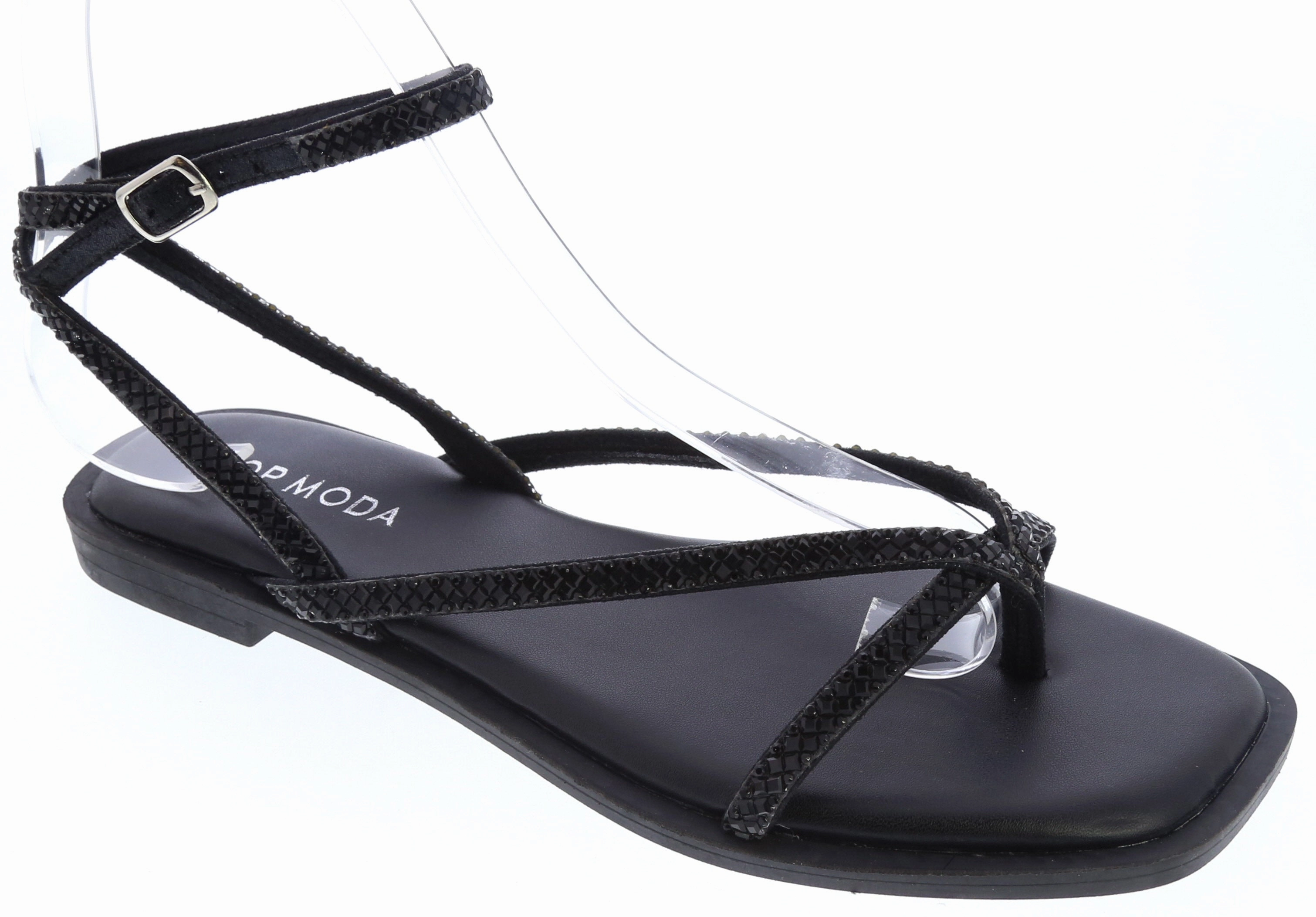 Non Slip Sole Gemstone Strappy Gladiator Sandal (BLACK GLITTER)