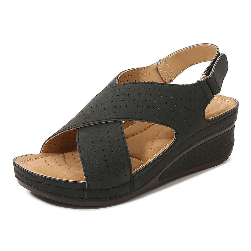 SIKETU | Cross-Band Wedge Perforated Sandals With Cushioned Sole