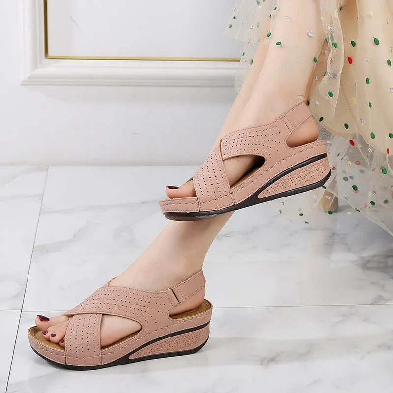 SIKETU | Cross-Band Wedge Perforated Sandals With Cushioned Sole
