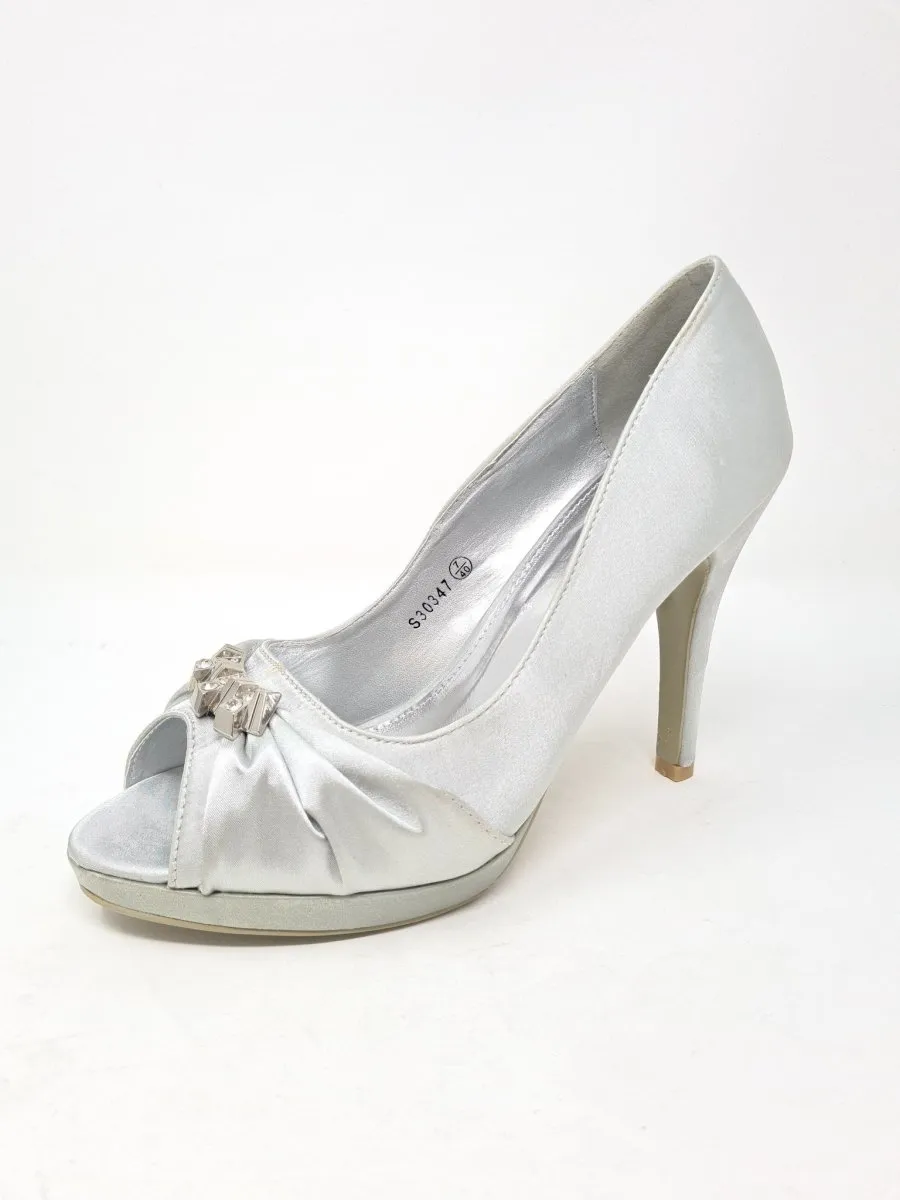 Silver Satin Peep Toe Stiletto (Size 7)