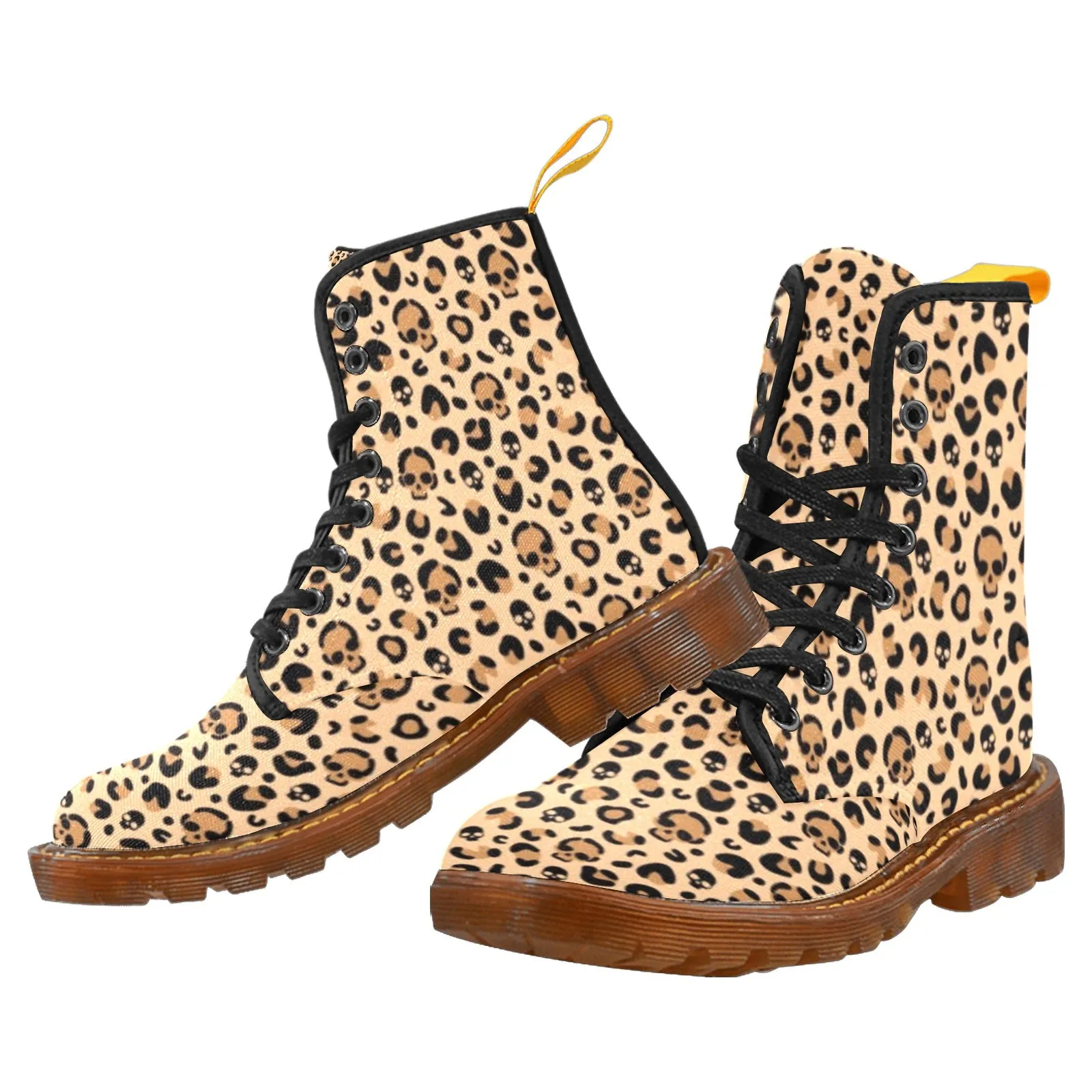 Skull Leopard Print Canvas Combat Boots