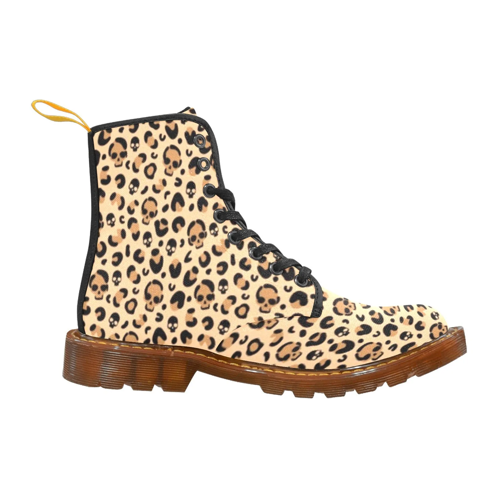 Skull Leopard Print Canvas Combat Boots