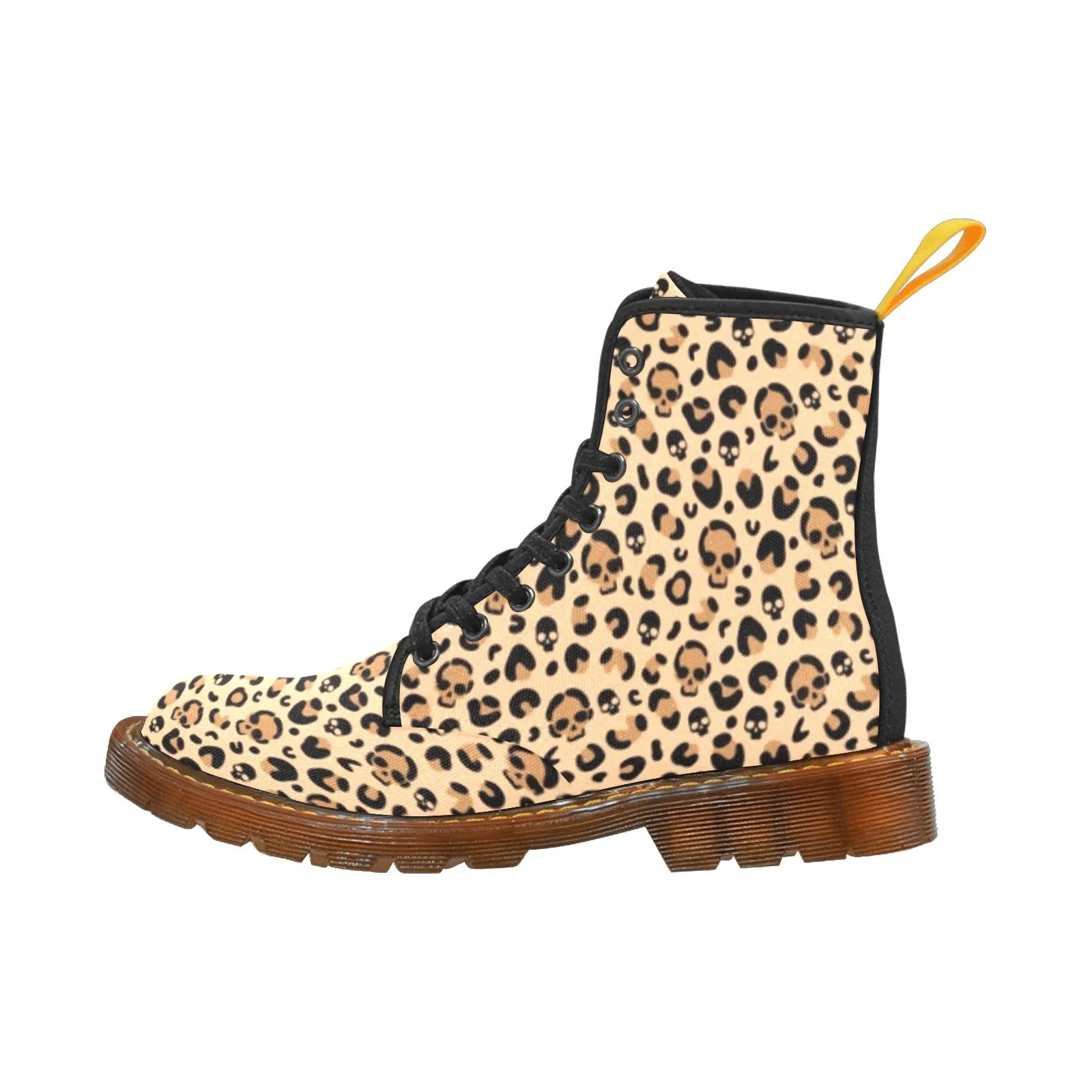Skull Leopard Print Canvas Combat Boots