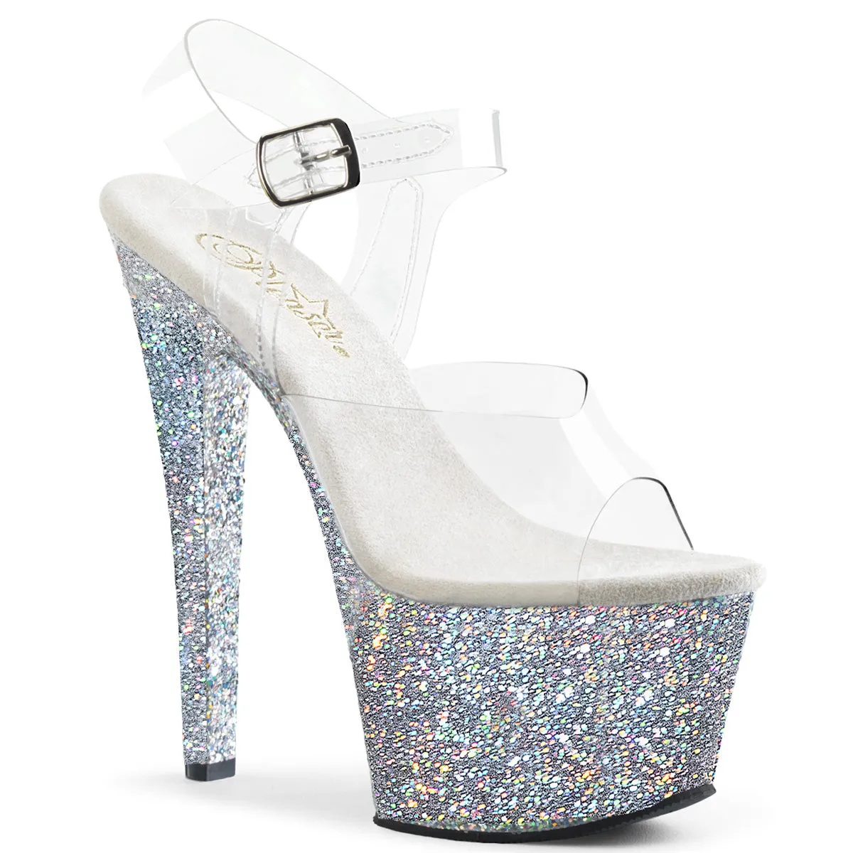 SKY-308LG Silver Glitter Heels Clear Upper Stripper Sandals