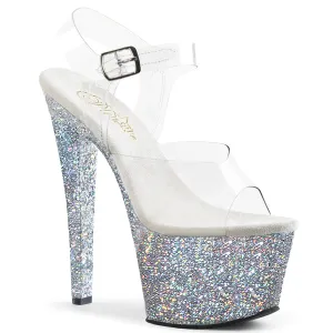 SKY-308LG Silver Glitter Heels Clear Upper Stripper Sandals