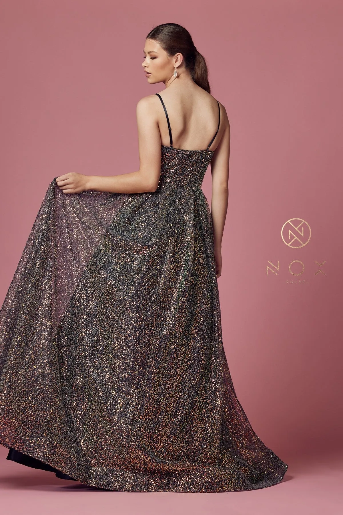 Sleeveless Iridescent Glitter Gown by Nox Anabel R1030