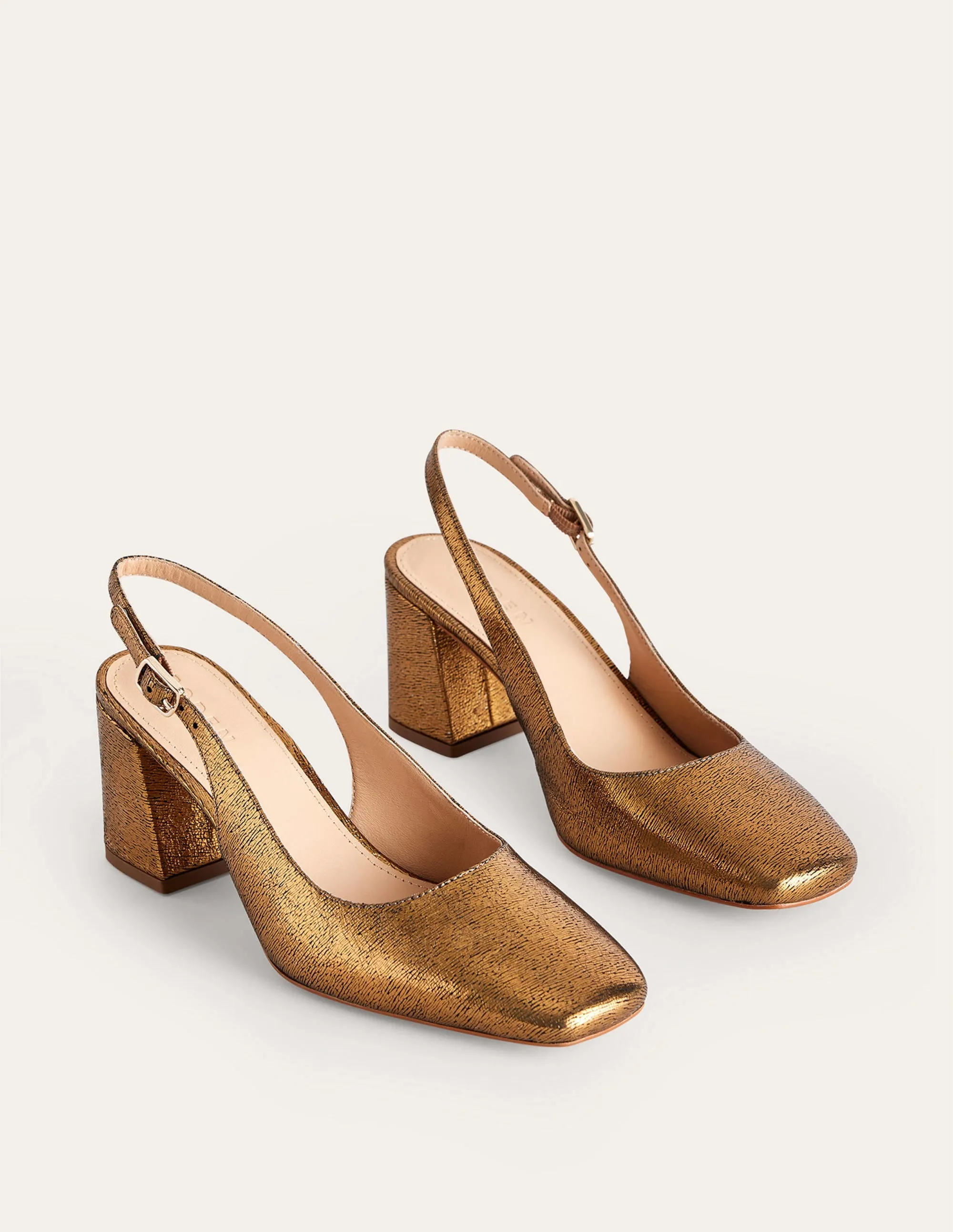 Slingback Mid-Heel Pumps-Gold Metallic Leather
