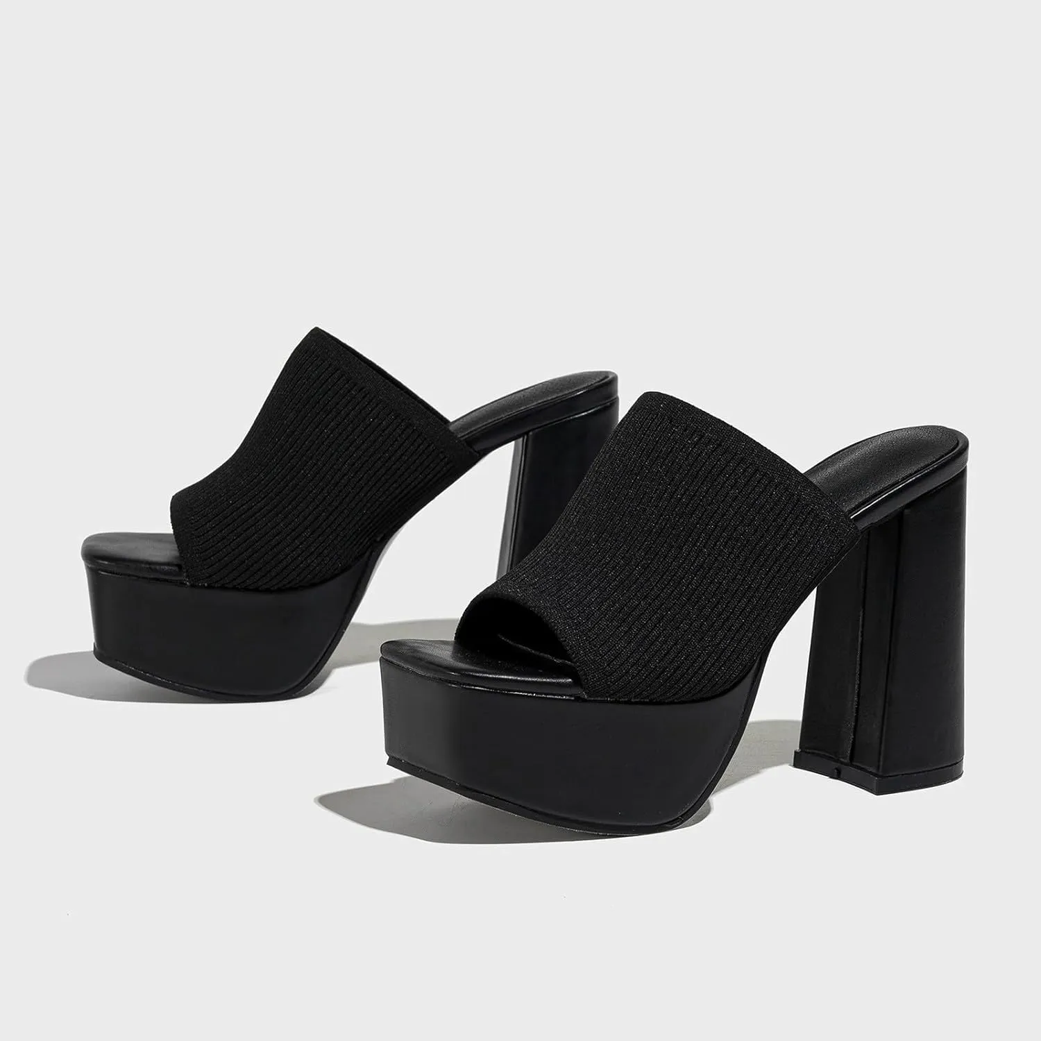 Slip on Elegant Pumps Women's Stretch Knitted Platform Chunky Heels Sexy Sandals Fashion Square Open Toe Block High Heeled
