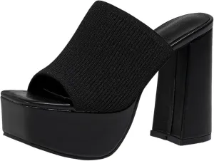 Slip on Elegant Pumps Women's Stretch Knitted Platform Chunky Heels Sexy Sandals Fashion Square Open Toe Block High Heeled