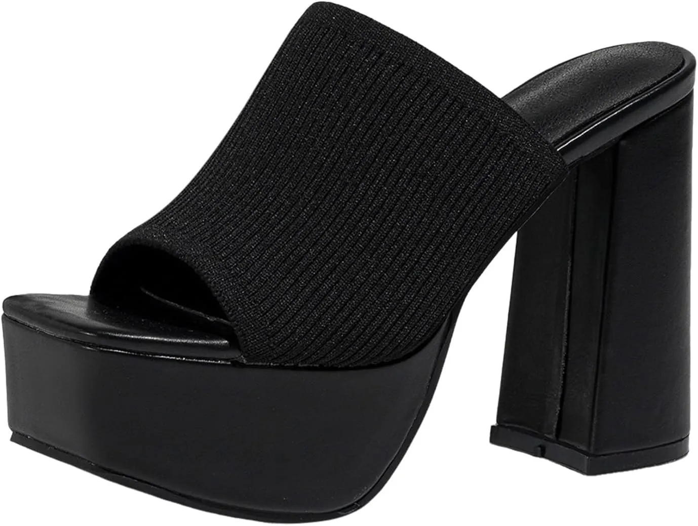 Slip on Elegant Pumps Women's Stretch Knitted Platform Chunky Heels Sexy Sandals Fashion Square Open Toe Block High Heeled