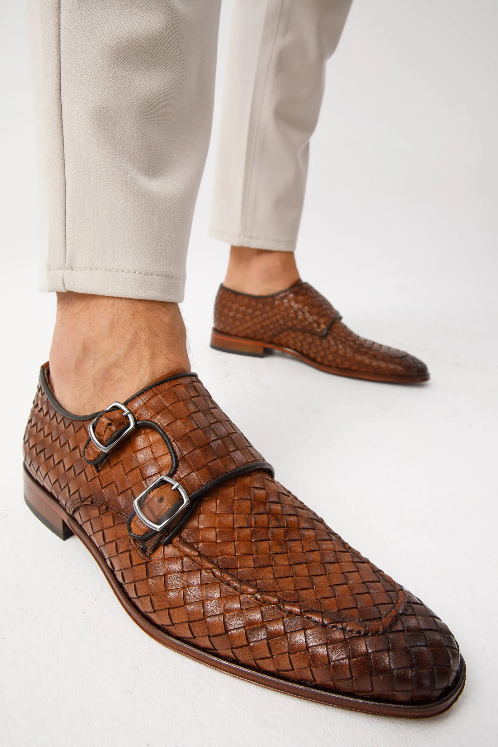 The Turan Brown Woven Double Monk Strap Dress Men Shoe Nordic Fit