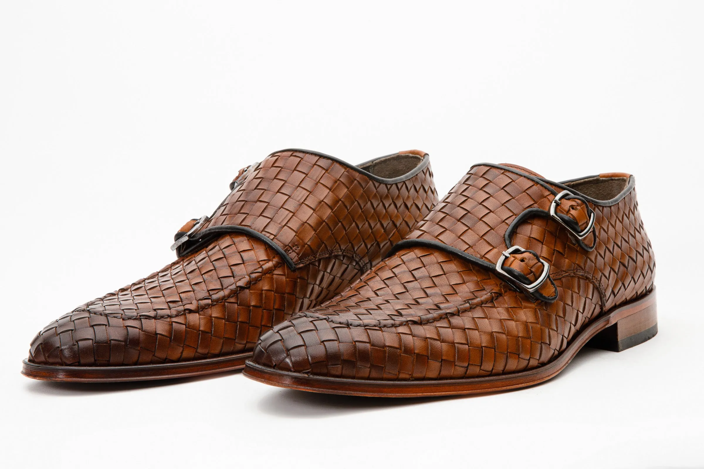 The Turan Brown Woven Double Monk Strap Dress Men Shoe Hybrid Setting