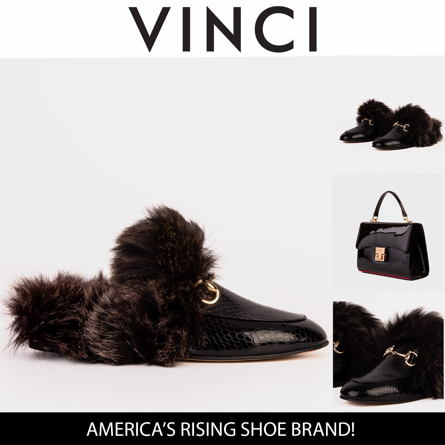 Rocker Sole Design The Izmir Black Patent Leather Natural Fur Women Slipper
