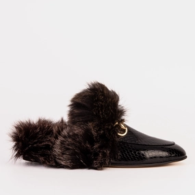 The Izmir Black Patent Leather Natural Fur Women Slipper Impact Diffusion Layer Impact Dispersal Geometry