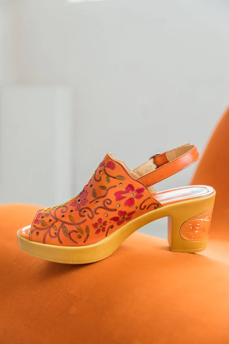 SOFFIA | ORANGE FLORAL EMBOSSED PERFORATED LEATHER SANDAL