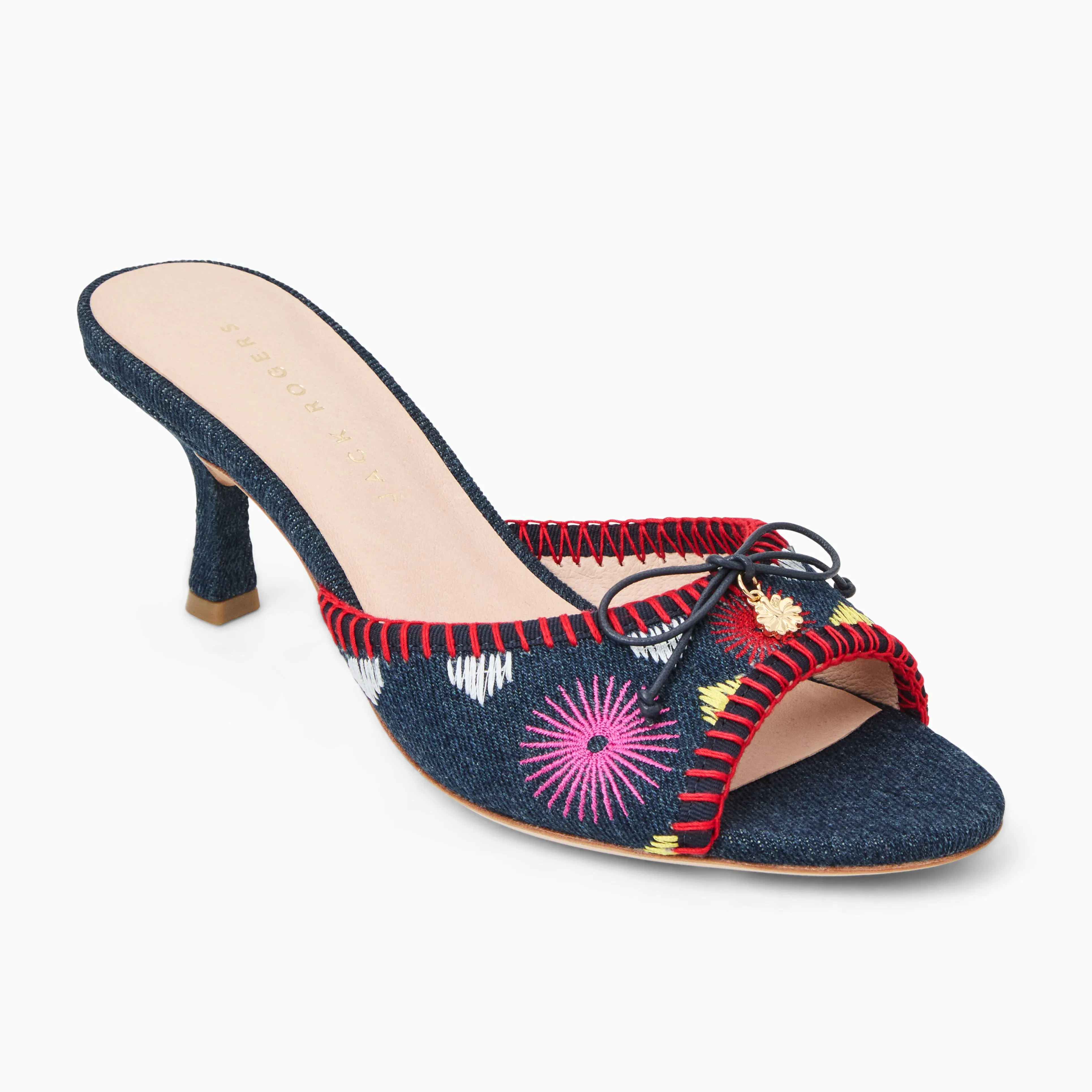 NYC Chic Fashionable Sandals Velma Flower Denim Mid Heel