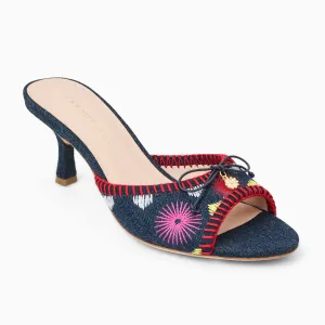 NYC Chic Fashionable Sandals Velma Flower Denim Mid Heel
