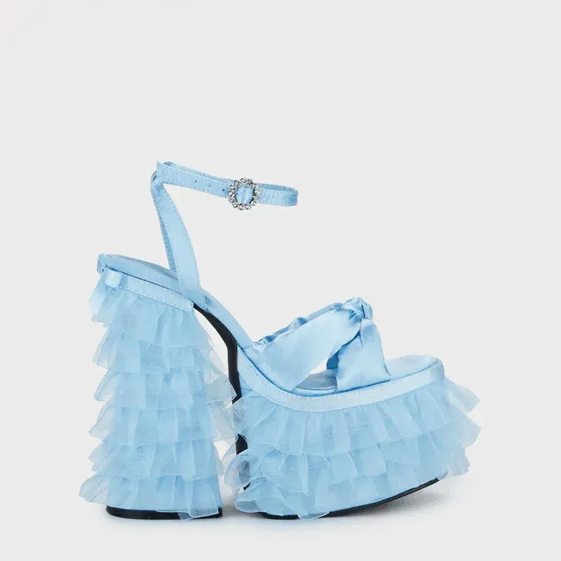 Sohiwoo Sky Blue Satin Skirt Lacework Platform Block Heels Knot Sandals Cake Ruffle Chunky Heel Ankle Buckle Strap Summer Fairy Shoes