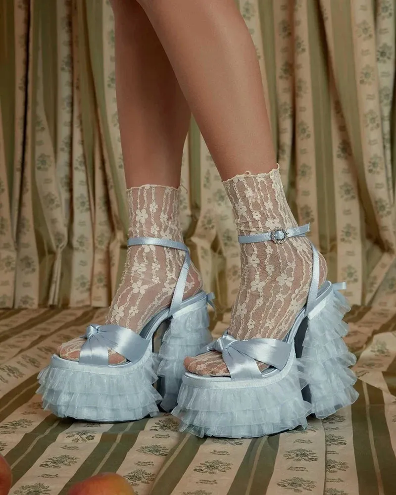 Sohiwoo Sky Blue Satin Skirt Lacework Platform Block Heels Knot Sandals Cake Ruffle Chunky Heel Ankle Buckle Strap Summer Fairy Shoes