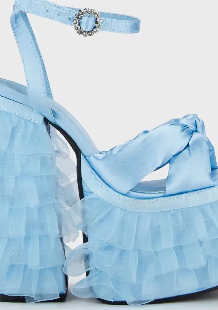 Sohiwoo Sky Blue Satin Skirt Lacework Platform Block Heels Knot Sandals Cake Ruffle Chunky Heel Ankle Buckle Strap Summer Fairy Shoes