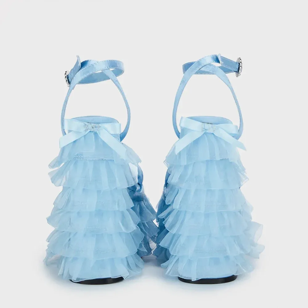 Sohiwoo Sky Blue Satin Skirt Lacework Platform Block Heels Knot Sandals Cake Ruffle Chunky Heel Ankle Buckle Strap Summer Fairy Shoes