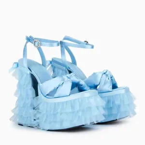 Sohiwoo Sky Blue Satin Skirt Lacework Platform Block Heels Knot Sandals Cake Ruffle Chunky Heel Ankle Buckle Strap Summer Fairy Shoes
