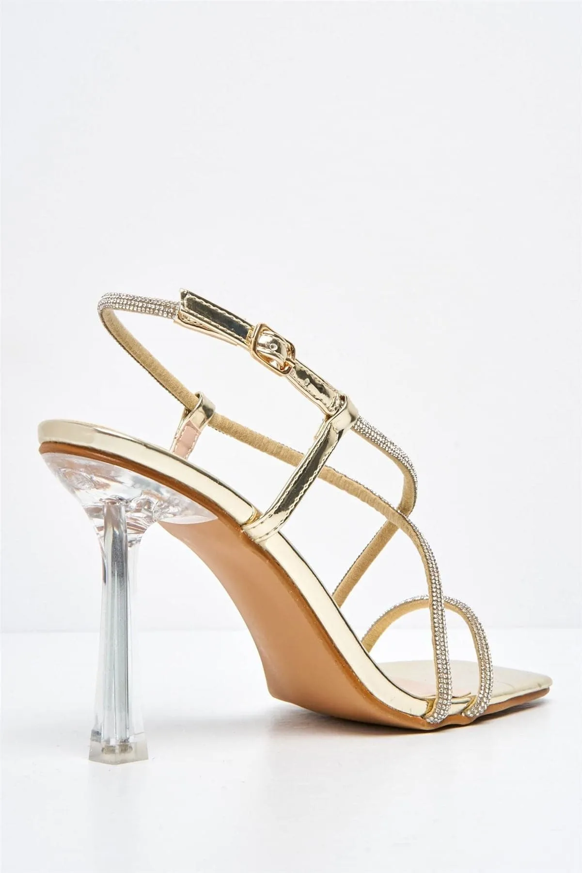 Sorrento Diamante Strap Square Toe Heel Sandal in Gold